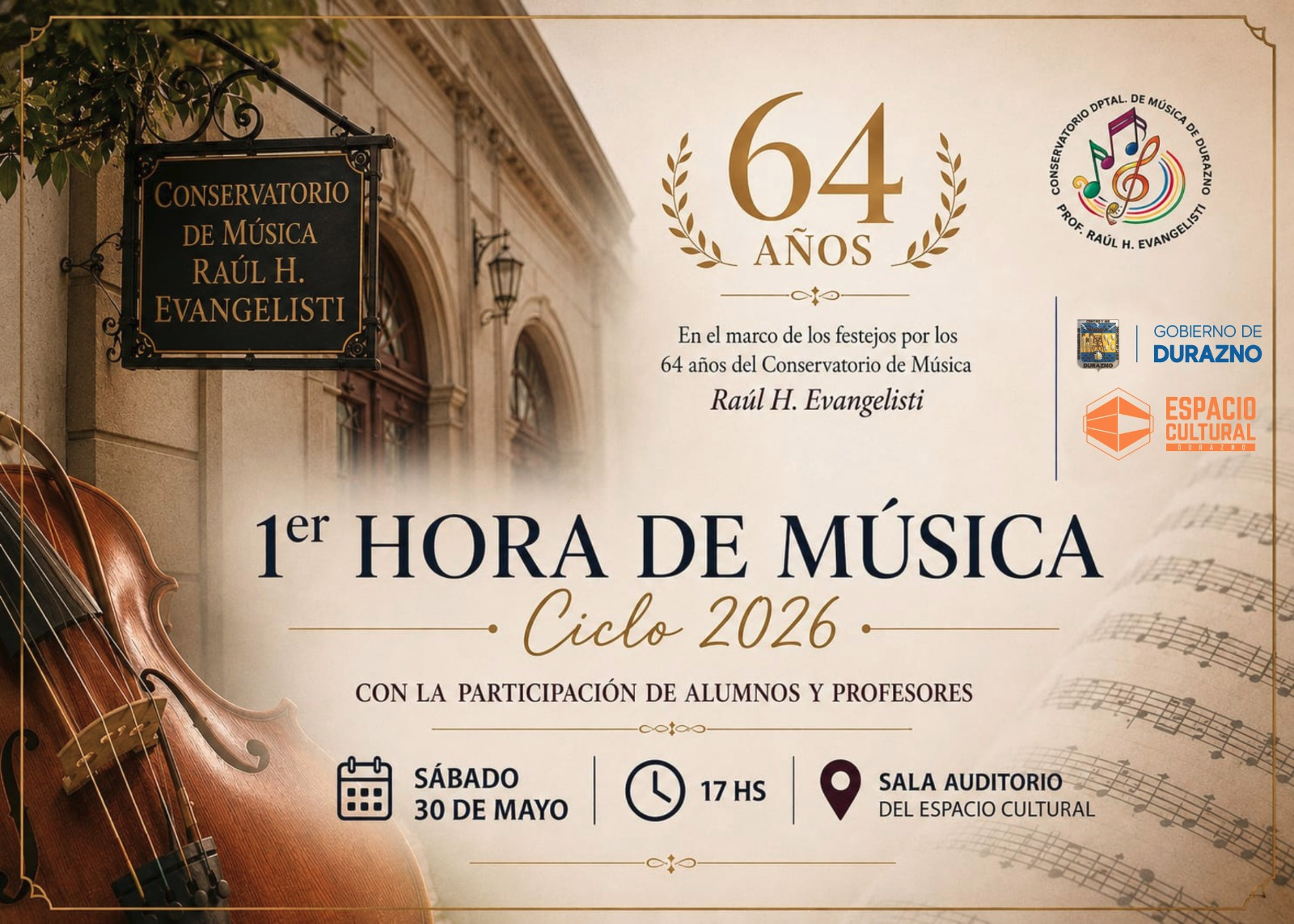 Sábado 30 de mayo: 1era Hora de Música ciclo 2026 en el Espacio Cultural Durazno